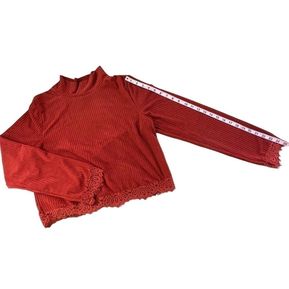 Chocolate Ribbed Lace Mock Neck Top Large - Picture 11 of 13